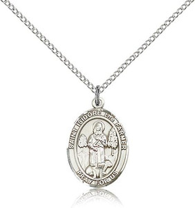 Sterling Silver St. Isidore the Farmer Pendant, Lite Curb Chain, Medium Size Catholic Medal, 3/4" x 1/2" Sterling Silver St. Isidore the Farmer Pendant, Lite Curb Chain, Medium Size Catholic Medal, 3/4" x 1/2"