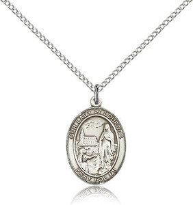 Sterling Silver Our Lady of Lourdes Pendant, Lite Curb Chain, Medium Size Catholic Medal, 3/4" x 1/2" Sterling Silver Our Lady of Lourdes Pendant, Lite Curb Chain, Medium Size Catholic Medal, 3/4" x 1/2"