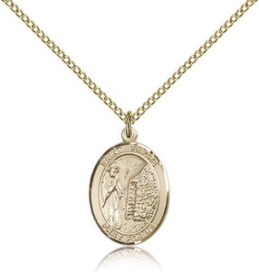 Gold Filled St. Fiacre Pendant, Gold Filled Lite Curb Chain, Medium Size Catholic Medal, 3/4" x 1/2" Gold Filled St. Fiacre Pendant, Gold Filled Lite Curb Chain, Medium Size Catholic Medal, 3/4" x 1/2"