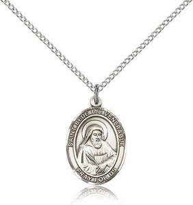 Sterling Silver St. Bede the Venerable Pendant, Lite Curb Chain, Medium Size Catholic Medal, 3/4" x 1/2" Sterling Silver St. Bede the Venerable Pendant, Lite Curb Chain, Medium Size Catholic Medal, 3/4" x 1/2"