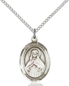 Sterling Silver St. Olivia Pendant, SS Lite Curb Chain, Medium Size Catholic Medal, 3/4" x 1/2"