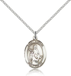 Sterling Silver St. Amelia Pendant, Lite Curb Chain, Medium Size Catholic Medal, 3/4" x 1/2"