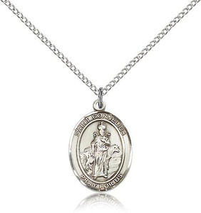 Sterling Silver St. Cornelius Pendant, Lite Curb Chain, Medium Size Catholic Medal, 3/4" x 1/2"