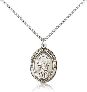 Sterling Silver St. Louis Marie De Montfort Pendan, Lite Curb Chain, Medium Size Catholic Medal, 3/4" x 1/2" Sterling Silver St. Louis Marie De Montfort Pendan, Lite Curb Chain, Medium Size Catholic Medal, 3/4" x 1/2"