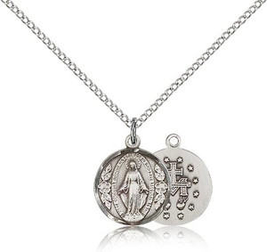 Sterling Silver Miraculous Pendant, Lite Curb Chain, 5/8" Sterling Silver Miraculous Pendant, Lite Curb Chain, 5/8"
