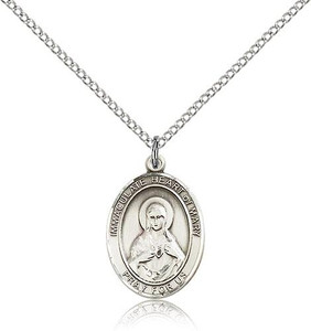Sterling Silver Immaculate Heart of Mary Pendant, Lite Curb Chain, Medium Size Catholic Medal, 3/4" x 1/2" Sterling Silver Immaculate Heart of Mary Pendant, Lite Curb Chain, Medium Size Catholic Medal, 3/4" x 1/2"
