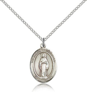 Sterling Silver Virgin of the Globe Pendant, Lite Curb Chain, Medium Size Catholic Medal, 3/4" x 1/2" Sterling Silver Virgin of the Globe Pendant, Lite Curb Chain, Medium Size Catholic Medal, 3/4" x 1/2"