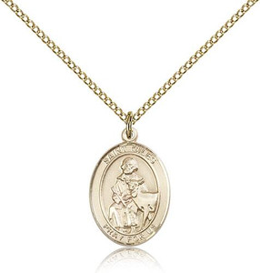 Gold Filled St. Giles Pendant, Gold Filled Lite Curb Chain, Medium Size Catholic Medal, 3/4" x 1/2"