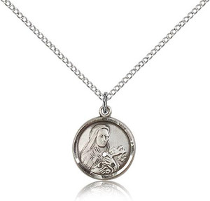 Sterling Silver St. Theresa Pendant, Lite Curb Chain, 5/8" x 1/2" Sterling Silver St. Theresa Pendant, Lite Curb Chain, 5/8" x 1/2"