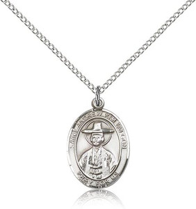 Sterling Silver St. Andrew Kim Taegon Pendant, rhodium Lite Curb Chain, Medium Size Catholic Medal, 3/4" x 1/2" Sterling Silver St. Andrew Kim Taegon Pendant, rhodium Lite Curb Chain, Medium Size Catholic Medal, 3/4" x 1/2"