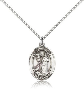 Sterling Silver St. Rocco Pendant, rhodium Lite Curb Chain, Medium Size Catholic Medal, 3/4" x 1/2"