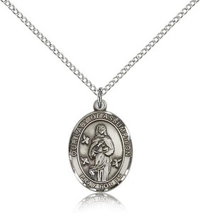 Sterling Silver Our Lady of Assumption Pendant, rhodium Lite Curb Chain, Medium Size Catholic Medal, 3/4" x 1/2" Sterling Silver Our Lady of Assumption Pendant, rhodium Lite Curb Chain, Medium Size Catholic Medal, 3/4" x 1/2"