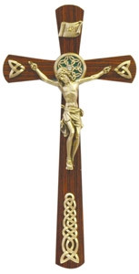 12" Walnut Wood Cross with Rosewood Veneer, Antique Gold Finish Corpus With Celtic Plaque And Adornments, Crystal Stones, JC6130L 12" Walnut Wood Cross with Rosewood Veneer, Antique Gold Finish Corpus With Celtic Plaque And Adornments, Crystal Stones, JC6130L