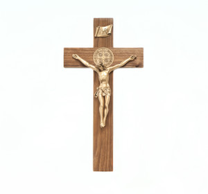12" Walnut St. Benedict Crucifix, Antique Gold Corpus, Two-Sided Medallion JC5062L 12" Walnut St. Benedict Crucifix, Antique Gold Corpus, Two-Sided Medallion JC5062L