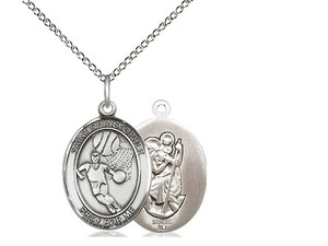 Sterling Silver St. Christopher Basketball Pendant, rhodium Lite Curb Chain, Medium Size Catholic Medal, 3/4" x 1/2" Sterling Silver St. Christopher Basketball Pendant, rhodium Lite Curb Chain, Medium Size Catholic Medal, 3/4" x 1/2"