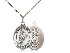 Sterling Silver St. Christopher Softball Pendant, Lite Curb Chain, Medium Size Catholic Medal, 3/4" x 1/2"
