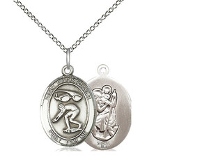 Sterling Silver St. Christopher Swimming Pendant, Lite Curb Chain, Medium Size Catholic Medal, 3/4" x 1/2" Sterling Silver St. Christopher Swimming Pendant, Lite Curb Chain, Medium Size Catholic Medal, 3/4" x 1/2"
