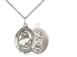 Sterling Silver St Christopher Gymnastics Pendan, rhodium Lite Curb Chain, Medium Size Catholic Medal, 3/4" x 1/2" Sterling Silver St Christopher Gymnastics Pendan, rhodium Lite Curb Chain, Medium Size Catholic Medal, 3/4" x 1/2"