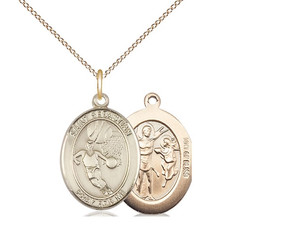 Gold Filled St. Sebastian / Basketball Pendant, Lite Curb Chain, Medium Size Catholic Medal, 3/4" x 1/2" Gold Filled St. Sebastian / Basketball Pendant, Lite Curb Chain, Medium Size Catholic Medal, 3/4" x 1/2"