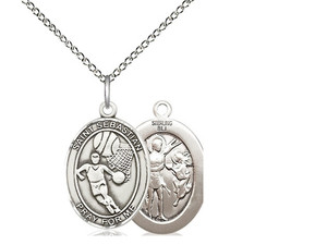 Sterling Silver St. Sebastian  Basketball Pendant, rhodium Lite Curb Chain, Medium Size Catholic Medal, 3/4" x 1/2"