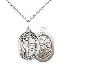 Sterling Silver St. Sebastian Golf Pendant, Lite Curb Chain, Medium Size Catholic Medal, 3/4" x 1/2" Sterling Silver St. Sebastian Golf Pendant, Lite Curb Chain, Medium Size Catholic Medal, 3/4" x 1/2"