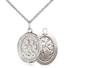 Sterling Silver St Sebastian  Choir Pendant, rhodium Lite Curb Chain, Medium Size Catholic Medal, 3/4" x 1/2"