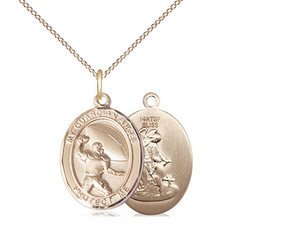 Gold Filled Guardian Angel / Football Pendant, GF Lite Curb Chain, Medium Size Catholic Medal, 3/4" x 1/2" Gold Filled Guardian Angel / Football Pendant, GF Lite Curb Chain, Medium Size Catholic Medal, 3/4" x 1/2"
