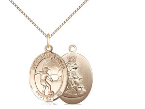 Gold Filled Guardian Angel / Soccer Pendant, GF Lite Curb Chain, Medium Size Catholic Medal, 3/4" x 1/2"