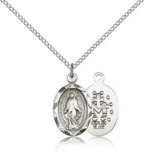 Sterling Silver Miraculous Pendant, Lite Curb Chain, 3/4" x 3/8"