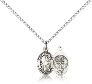 Sterling Silver St. Benedict Pendant, Sterling Silver Lite Curb Chain, Small Size Catholic Medal, 1/2" x 1/4" Sterling Silver St. Benedict Pendant, Sterling Silver Lite Curb Chain, Small Size Catholic Medal, 1/2" x 1/4"