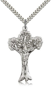 Sterling Silver Tree of Life Crucifix Pendant, Stainless Silver Heavy Curb Chain, 1 5/8" x 1"