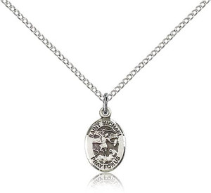 Sterling Silver St. Michael the Archangel Pendant, Sterling Silver Lite Curb Chain, Small Size Catholic Medal, 1/2" x 1/4" Sterling Silver St. Michael the Archangel Pendant, Sterling Silver Lite Curb Chain, Small Size Catholic Medal, 1/2" x 1/4"