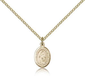Gold Filled Miraculous Pendant, Gold Filled Lite Curb Chain, Small Size Catholic Medal, 1/2" x 1/4" Gold Filled Miraculous Pendant, Gold Filled Lite Curb Chain, Small Size Catholic Medal, 1/2" x 1/4"