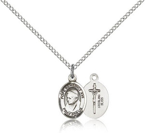 Sterling Silver Pope Benedict XVI Pendant, Sterling Silver Lite Curb Chain, Small Size Catholic Medal, 1/2" x 1/4" Sterling Silver Pope Benedict XVI Pendant, Sterling Silver Lite Curb Chain, Small Size Catholic Medal, 1/2" x 1/4"