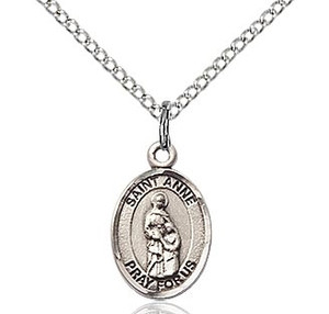 Sterling Silver Small St. Anne Pendant, SS Lite Curb Chain, Small Size Catholic Medal, 1/2" x 1/4"