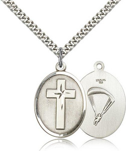 Sterling Silver Cross / Paratrooper Pendant, Heavy Curb Chain, 1" x 3/4"