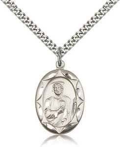 Sterling Silver St. Jude Pendant, Stainless Silver Heavy Curb Chain, 1" x 5/8" Sterling Silver St. Jude Pendant, Stainless Silver Heavy Curb Chain, 1" x 5/8"