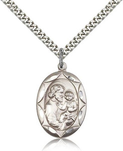 Sterling Silver St. Joseph Pendant, Stainless Silver Heavy Curb Chain, 1" x 5/8" Sterling Silver St. Joseph Pendant, Stainless Silver Heavy Curb Chain, 1" x 5/8"