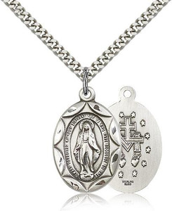 Sterling Silver Miraculous Pendant, Stainless Silver Heavy Curb Chain, 1" x 5/8" Sterling Silver Miraculous Pendant, Stainless Silver Heavy Curb Chain, 1" x 5/8"