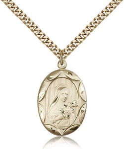 Gold Filled St. Theresa Pendant, Stainless Gold Heavy Curb Chain, 1" x 5/8" Gold Filled St. Theresa Pendant, Stainless Gold Heavy Curb Chain, 1" x 5/8"