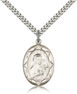 Sterling Silver St. Theresa Pendant, Stainless Silver Heavy Curb Chain, 1" x 5/8" Sterling Silver St. Theresa Pendant, Stainless Silver Heavy Curb Chain, 1" x 5/8"