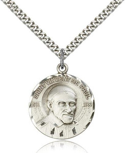 Sterling Silver St. Vincent De Paul Pendant, Stainless Silver Heavy Curb Chain, 1" x 7/8" Sterling Silver St. Vincent De Paul Pendant, Stainless Silver Heavy Curb Chain, 1" x 7/8"