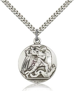 Sterling Silver St. Michael the Archangel Pendant, Stainless Silver Heavy Curb Chain, 1" x 7/8" Sterling Silver St. Michael the Archangel Pendant, Stainless Silver Heavy Curb Chain, 1" x 7/8"