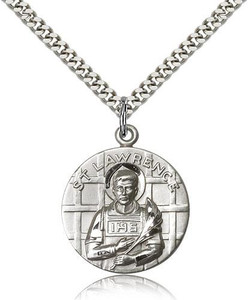 Sterling Silver St. Lawrence Pendant, Stainless Silver Heavy Curb Chain, 1" x 7/8" Sterling Silver St. Lawrence Pendant, Stainless Silver Heavy Curb Chain, 1" x 7/8"