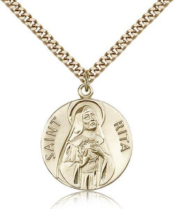 Gold Filled St. Rita of Cascia Pendant, Stainless Gold Heavy Curb Chain, 1" x 7/8" Gold Filled St. Rita of Cascia Pendant, Stainless Gold Heavy Curb Chain, 1" x 7/8"