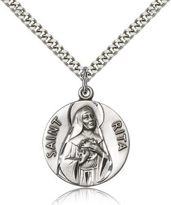 Sterling Silver St. Rita of Cascia Pendant, Stainless Silver Heavy Curb Chain, 1" x 7/8" Sterling Silver St. Rita of Cascia Pendant, Stainless Silver Heavy Curb Chain, 1" x 7/8"