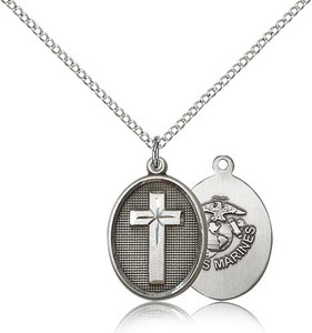 Sterling Silver Cross / Marines Pendant, Sterling Silver Lite Curb Chain, 3/4" x 1/2" Sterling Silver Cross / Marines Pendant, Sterling Silver Lite Curb Chain, 3/4" x 1/2"
