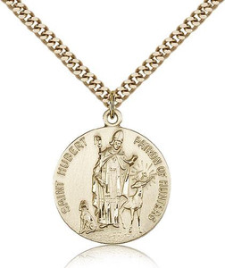Gold Filled St. Hubert of Liege Pendant, Stainless Gold Heavy Curb Chain, 1" x 7/8" Gold Filled St. Hubert of Liege Pendant, Stainless Gold Heavy Curb Chain, 1" x 7/8"