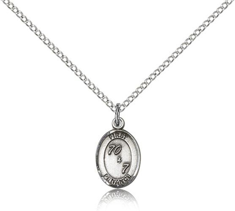 Sterling Silver First Penance Pendant, lite Curb Chain, 1/2" x 1/4"