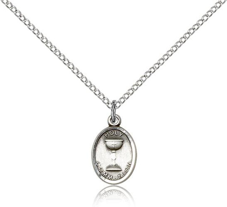 Sterling Silver Holy Communion Pendant, Lite Curb Chain, 1/2" x 3/8"